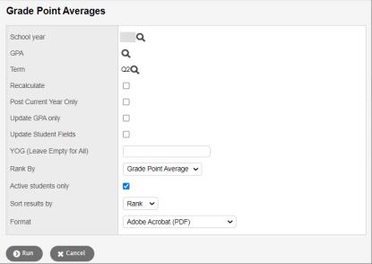 Grade Point Averages pop-up.