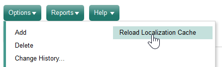 Options menu, Reload Localization Cache option.