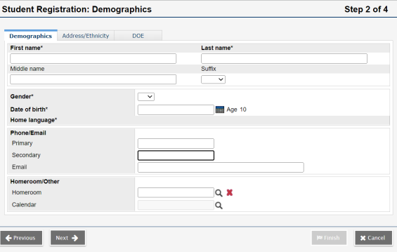 Step 2 Student Registration wizard